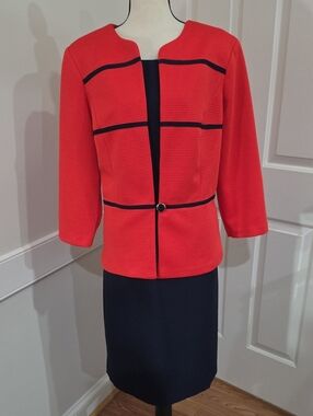 Danny & Nicole 2-Piece Jacket Dress Set - Red-Orange & Navy Career Suit- Size 16